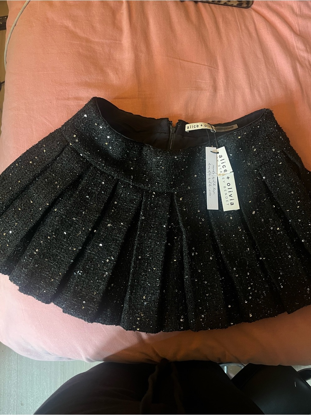 Alice + Olivia Black Sequin Pleated Mini Skirt